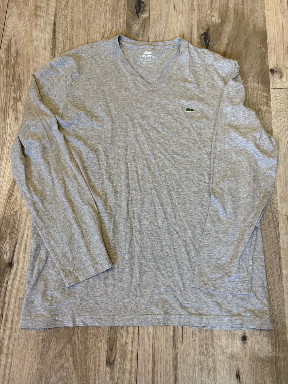 Lacoste Men's Light Gray Long Sleeve V-Neck Shirt with Green Crocodile Logo